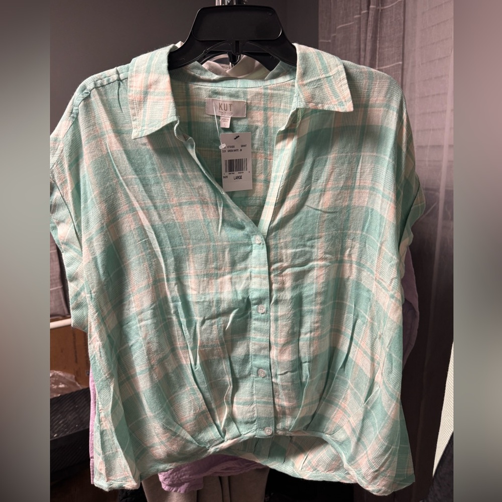 Kut from the Kloth Mint Plaid Button-Down Shirt - Picture 5 of 8
